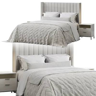 Double Bed With Vertical Panel Headboard Gray Quilt White Pillows And Nightstand Bedroom Interior 3d model