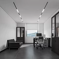 Modern Public Office Space With Desks Office Chairs Central Plant Striped Ceiling Linear Pendant Lights