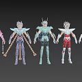 Five Colorful Armored Warrior Characters With Unique Helmets Standing In Row