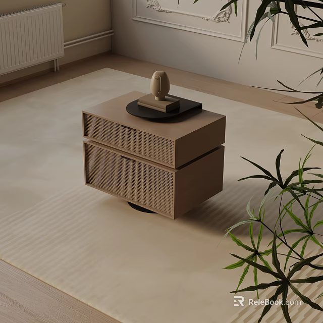 Modern Minimalist Bedside Table With Woven Drawers Neutral Tone And Decorative Sculpture On Top 3d model 