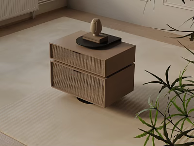 Modern Minimalist Bedside Table With Woven Drawers Neutral Tone And Decorative Sculpture On Top 3d model