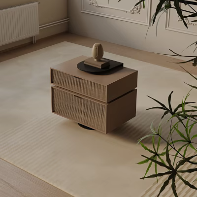 Modern Minimalist Bedside Table With Woven Drawers Neutral Tone And Decorative Sculpture On Top 3d model