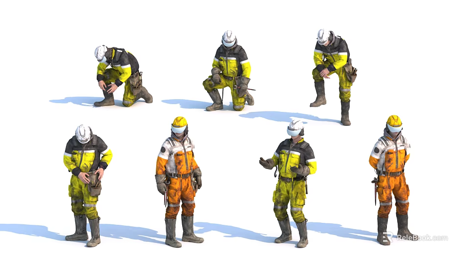 Men In Yellow Orange Construction Work Uniforms With Safety Helmets And Different Poses 3d model 
