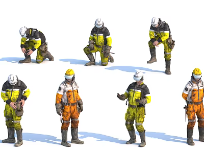 Men In Yellow Orange Construction Work Uniforms With Safety Helmets And Different Poses 3d model