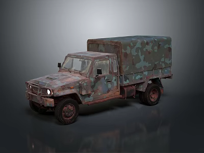 Vintage Rusty Military Truck With Camouflage Paint And Canvas Covered Cargo Bed 3d model