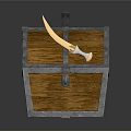Vintage Open Wooden Chest With Curved Sword Inside And Metal Edges