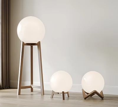 Modern Minimalist Floor Lamp With White Spherical Shade And Wooden Stand 3d model