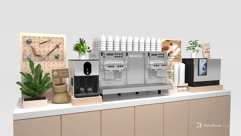 Modern Coffee Station Setup With Espresso Machine Stacked Cups And Green Plants 3d model 