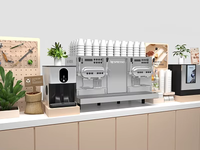 Modern Coffee Station Setup With Espresso Machine Stacked Cups And Green Plants 3d model