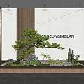 Zen Style Indoor Landscape With Bonsai Pine Rockery Stones And Wooden Screens