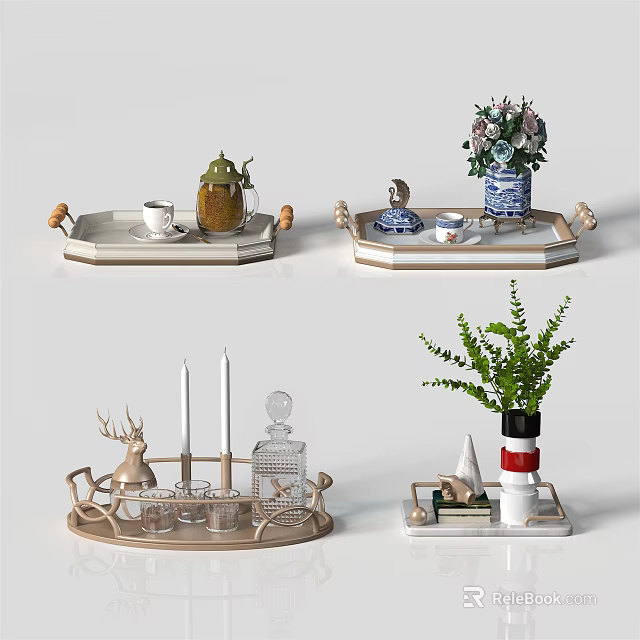 Stylish Home Living Accessories With Decorative Trays Tea Sets Vases And Green Plants 3d model 