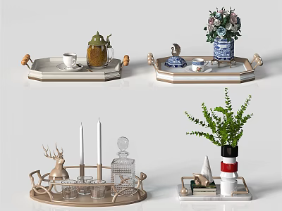 Stylish Home Living Accessories With Decorative Trays Tea Sets Vases And Green Plants 3d model
