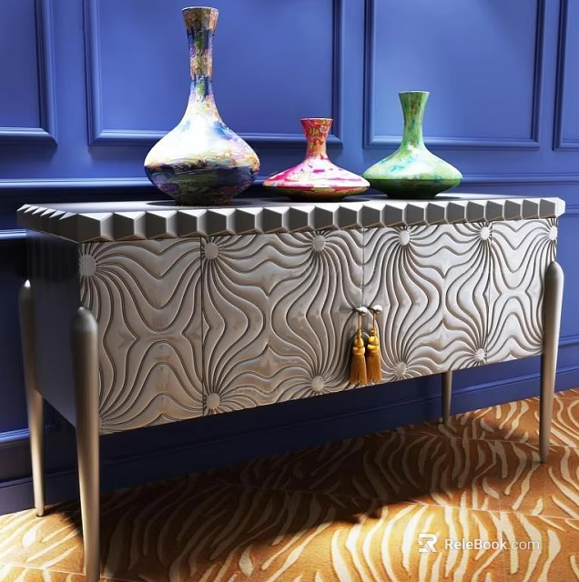 Metallic Entryway Console Table with Wavy Pattern Gold Tassel and Colorful Vases on Blue Wall 3d model 