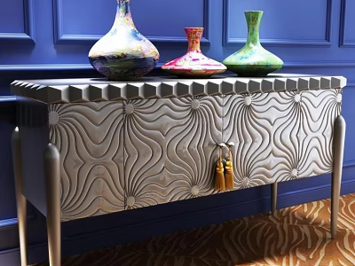 Metallic Entryway Console Table with Wavy Pattern Gold Tassel and Colorful Vases on Blue Wall 3d model