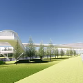 Modern Architectural Bridge Spanning Water With Green Space Trees And Buildings