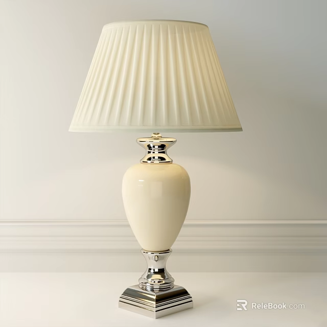 Elegant White Ceramic Table Lamp With Silver Accents And Pleated Lampshade 3d model 