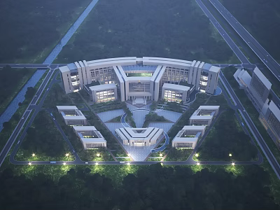 Aerial Planning of Large Symmetrical Building Complex with Green Spaces Roads River and Night Illumination 3d model