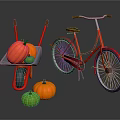 Red Bicycle with Wheelbarrow and Colorful Pumpkins on Black Surface