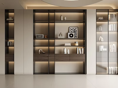 Modern Bookcase Design With Glass Doors LED Lighting And Decorative Storage Spaces 3d model
