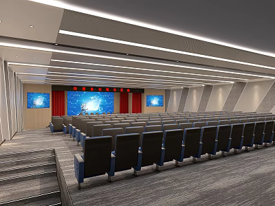 Modern Conference Room Interior Design With Rows of Seats Large Screen and Red Curtains 3d model