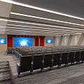 Modern Conference Room Interior Design With Rows of Seats Large Screen and Red Curtains