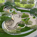 Modern Garden Landscape with Curved Pathways Green Lawns Playground Slide and Trees