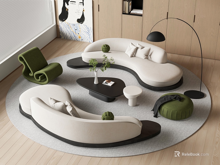 Modern Stylish Sofa And Coffee Table Set With White Sofa Green Armchair Round Rug 3d model 