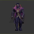 Magical Purple Creature Character Wearing Robe With Red Chest Yellow Trim Design