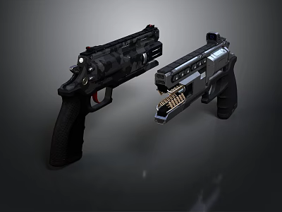 Two Tactical Pistols With Camo And Metallic Finish Exposed Magazine Details 3d model