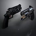 Two Tactical Pistols With Camo And Metallic Finish Exposed Magazine Details