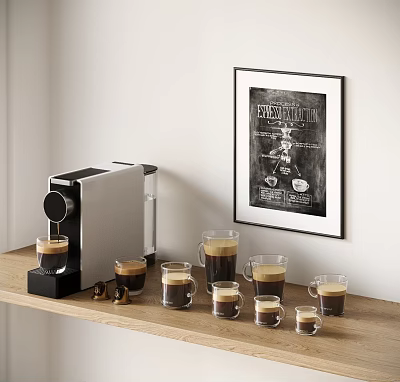 Smart Coffee Machine On Wooden Shelf With Coffee Glasses And Poster 3d model