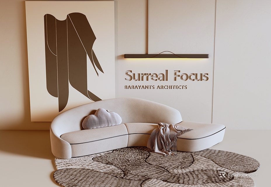 Modern Beige Multi Seater Sofa With Gray Cushion Throw Blanket Woven Rug And Abstract Painting 3d model 