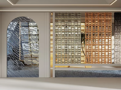 Modern Interior Wall Design With Glass Panels Metal Grilles And Geometric Patterns 3d model