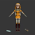 3D Game Movie Character in Yellow White Outfit with Yellow Helmet Blue Eyes and Props