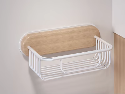 Wall Mounted White Metal Storage Basket With Wooden Backboard For Household Supplies 3d model