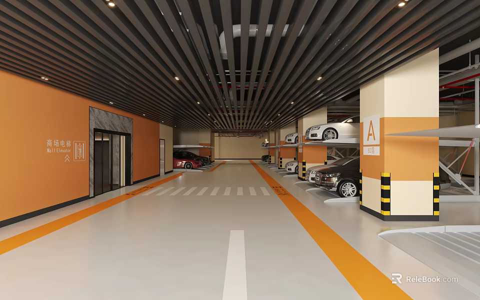 Modern Indoor Parking Garage With Orange Walls Black Ceiling And Parked Cars 3d model 