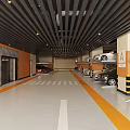 Modern Indoor Parking Garage With Orange Walls Black Ceiling And Parked Cars