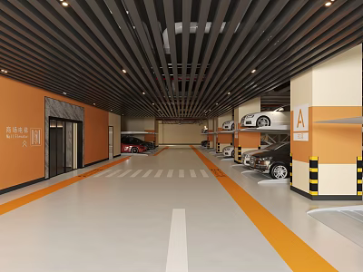 Modern Indoor Parking Garage With Orange Walls Black Ceiling And Parked Cars 3d model