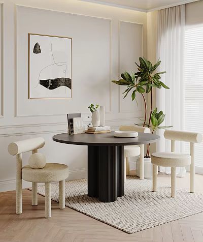 Modern Round Dining Table Set With Beige Chairs Black Base And Green Plant 3d model
