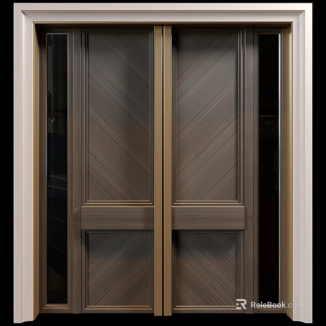 Modern Double Hinged Doors With Wooden Chevron Panel And Bronze Frame Design 3d model 