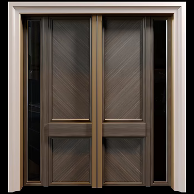 Modern Double Hinged Doors With Wooden Chevron Panel And Bronze Frame Design 3d model