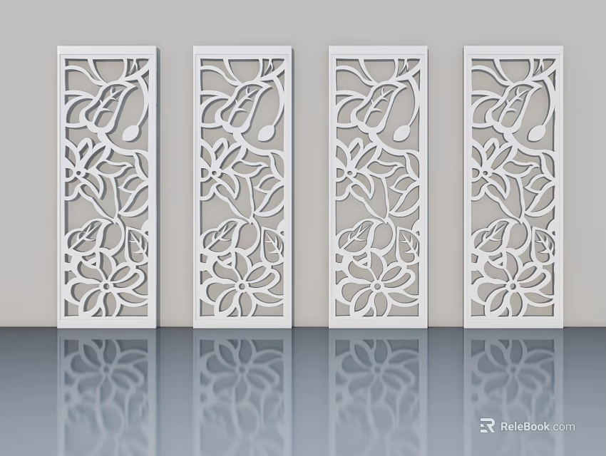 Modern White Flush Doors With Intricate Carved Floral And Leaf Designs 3d model 