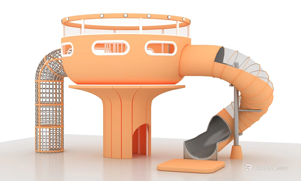 Kids Playground Orange Circular Play Structure With Slide Climbing Frame And Railing 3d model 