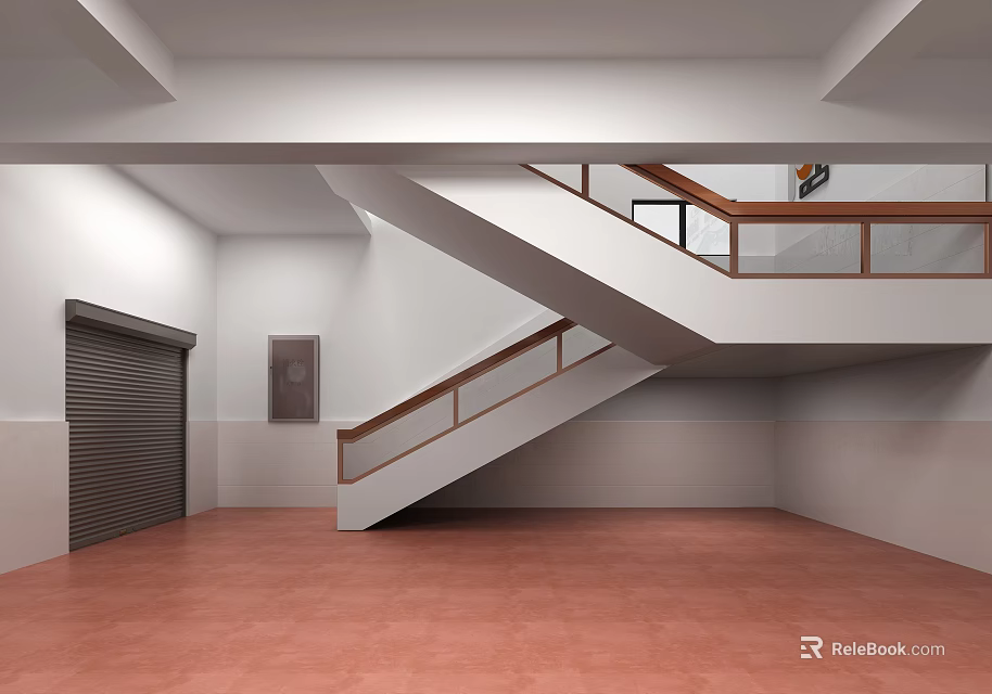 Office Corridor Interior With White Walls Red Floor Tiles Staircase And Wooden Handrails 3d model 