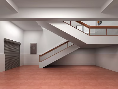 Office Corridor Interior With White Walls Red Floor Tiles Staircase And Wooden Handrails 3d model