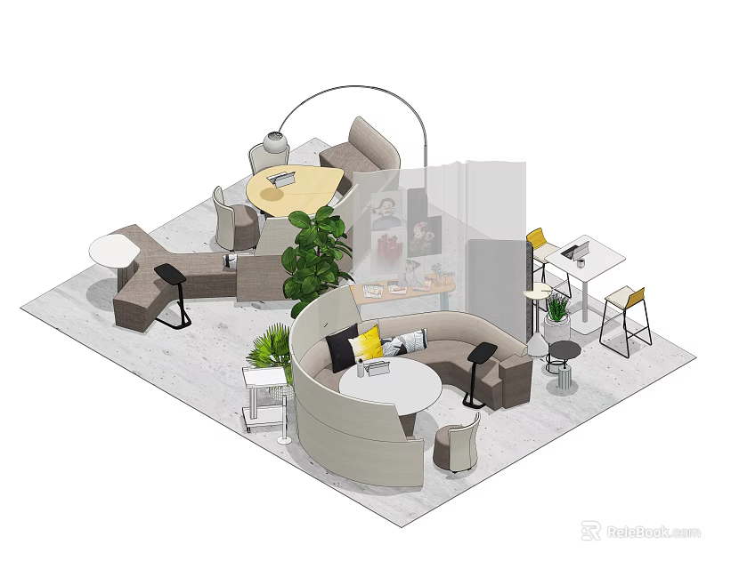 Modern Lounge Area Interior With Round Tables Sofa Green Plants And Seating 3d model 