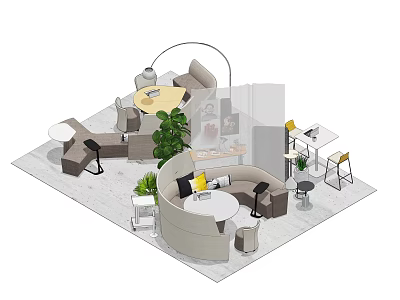 Modern Lounge Area Interior With Round Tables Sofa Green Plants And Seating 3d model