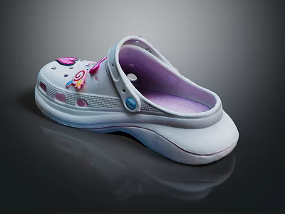 Kids Clogs With White Upper Pink Decorations Cartoon Design And Purple Insole 3d model