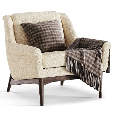 Beige Accent Chair with Plaid Pillow and Fringed Plaid Blanket on Dark Wooden Legs 3d model