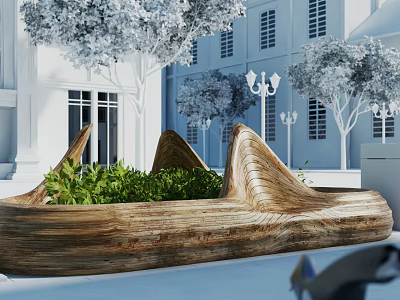Natural Wooden Landscape Seat With Green Plants Among White Buildings Trees And Street Lamps 3d model